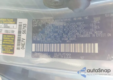 2009 Toyota Sienna Xle z USA, uszkodzony, nr VIN 5TDZK22C49S254714